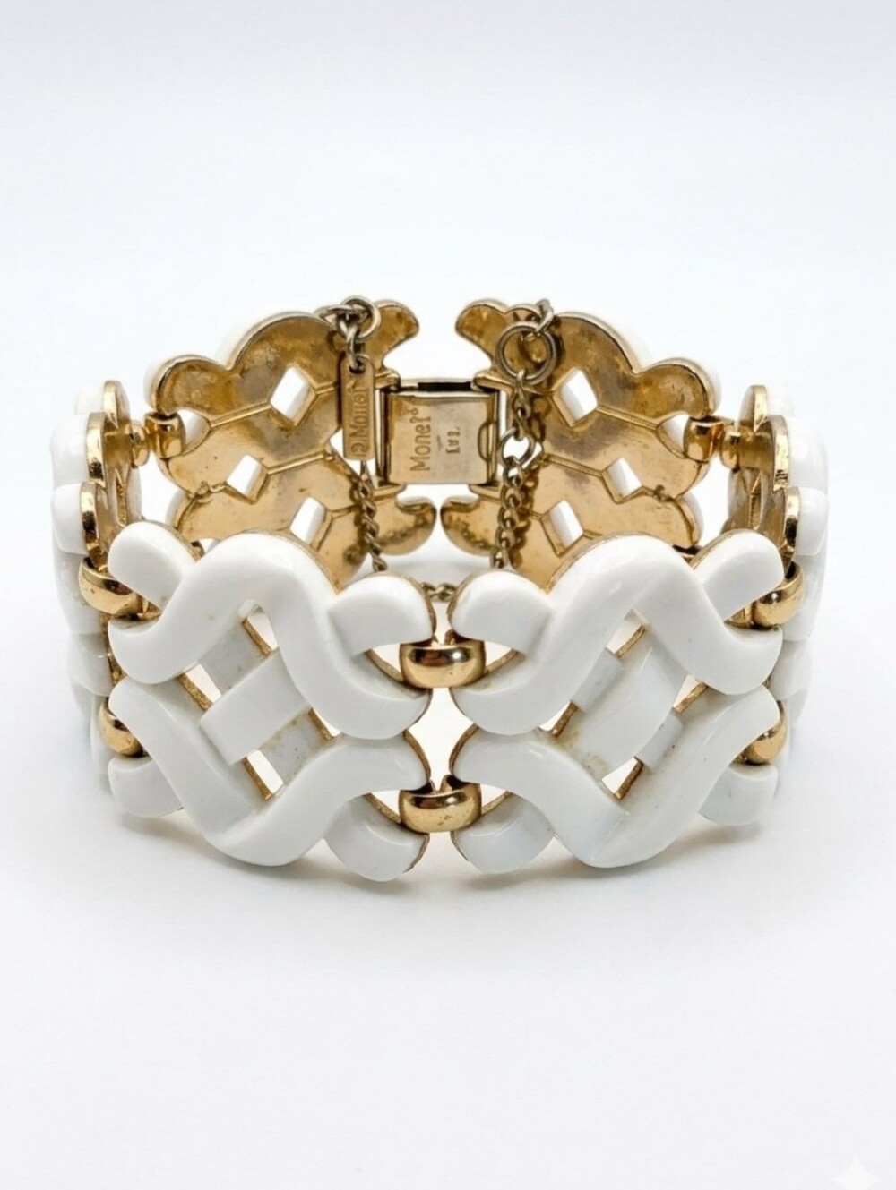 Vtg Monet White and Gold Woven Enamel Bracelet